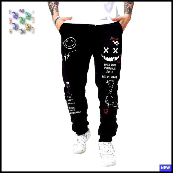 Graphic Print Sweatpants Drawstring Elastic Waist Casual Loose Fit Pockets